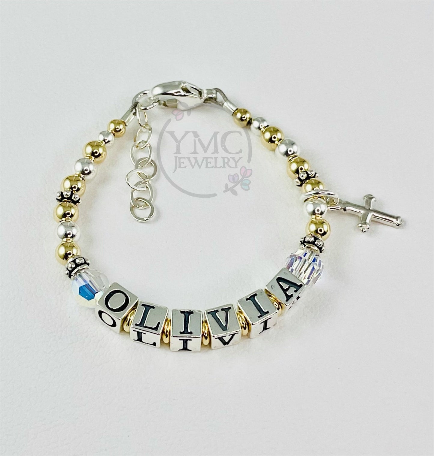 Gold and Silver Children Baby Name Bracelet, Gold Bracelet, Gold and Silver Name Bracelet, Baptism, Cross Bracelet