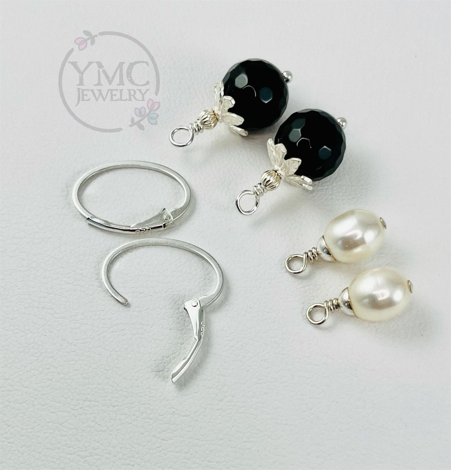 Interchangeable Silver Leverback Earrings-2 Pairs,Lever back Black Onyx and Pearls Earrings,Interchangeable Charms,Interchangeable Earrings