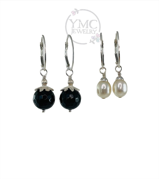 Interchangeable Silver Leverback Earrings-2 Pairs,Lever back Black Onyx and Pearls Earrings,Interchangeable Charms,Interchangeable Earrings