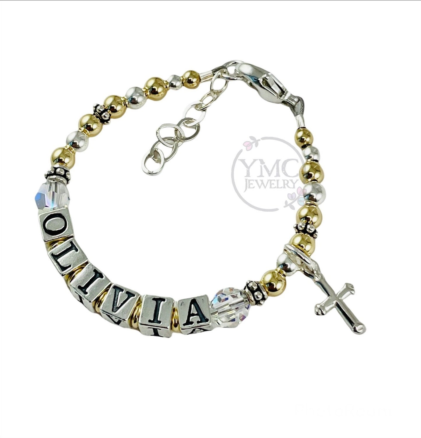 Gold and Silver Children Baby Name Bracelet, Gold Bracelet, Gold and Silver Name Bracelet, Baptism, Cross Bracelet