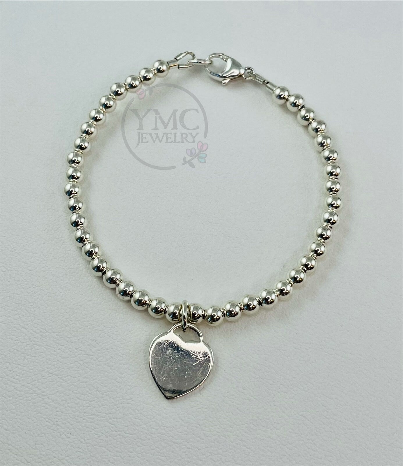 4mm Sterling Silver Ball Beads Heart Charm Bracelet,Dainty Silver Heart Charm Bracelet,Gift for Mom Bridesmaid Flower Little Toddler Girls