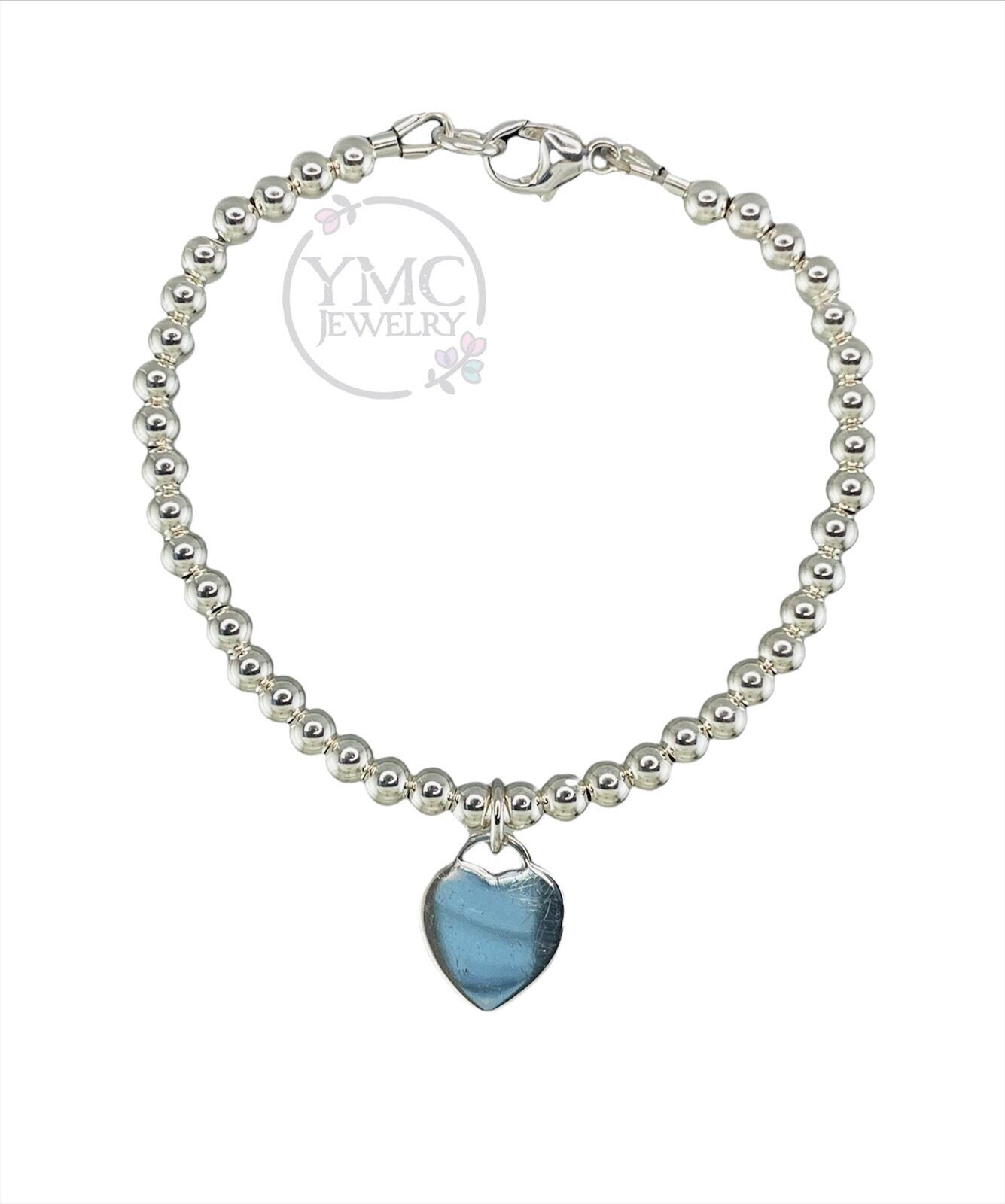 4mm Sterling Silver Ball Beads Bracelet,Dainty Silver Heart Charm Bracelet,Silver Bracelet,Gift for Mom,Bridesmaid Flower girl gift