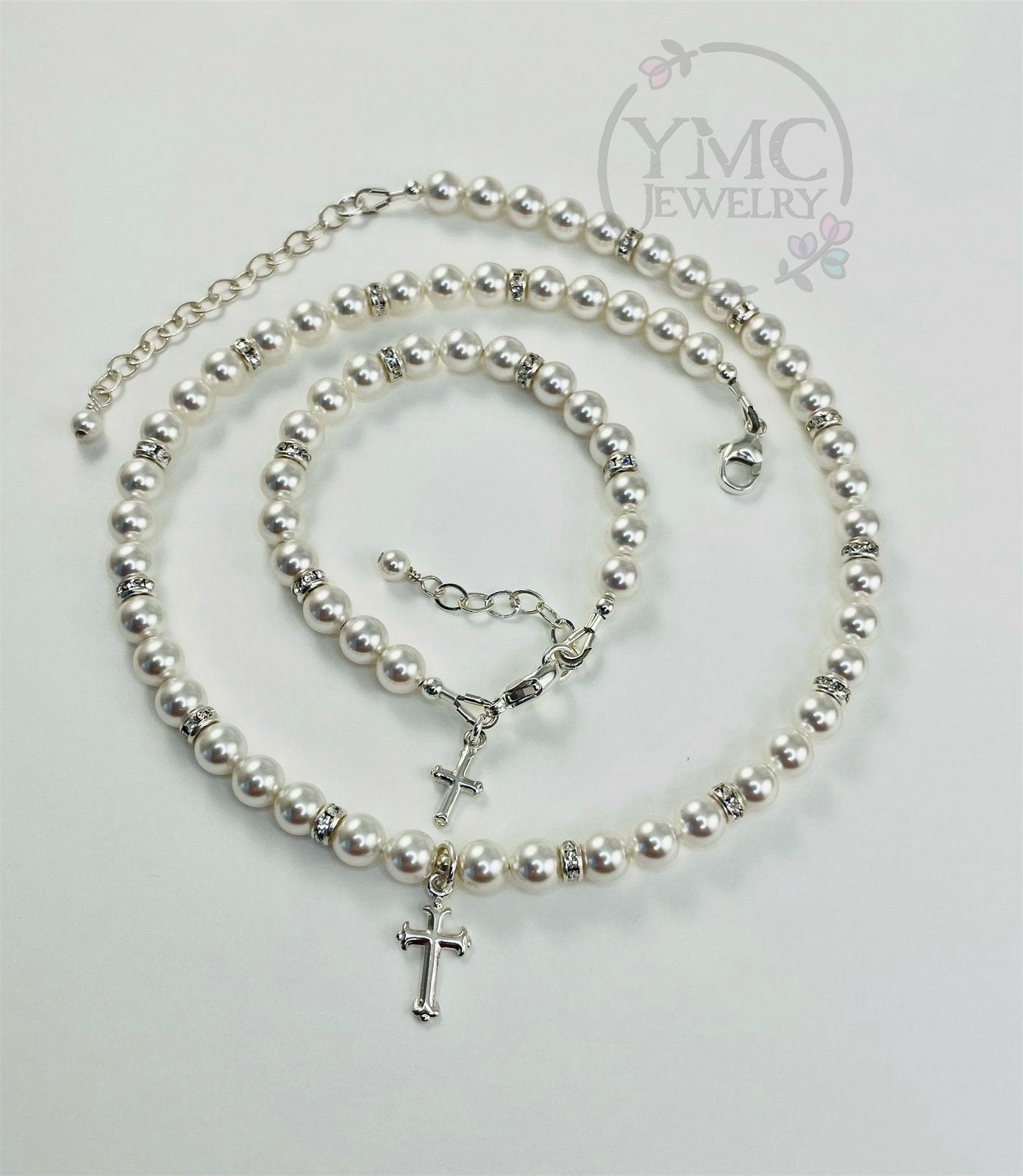 Elegant Children PRESTIGE Crystal Pearl and Rondelle Cross Necklace/Bracelet-SET,First Communion Pearl Jewelry-SET,Confirmation Necklace