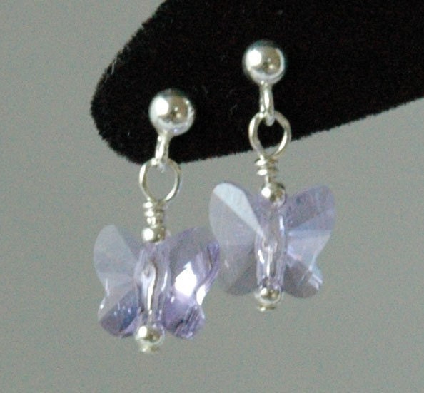 Violet Butterfly Earrings,Crystal Butterfly Earrings,Purple Butterfly Earrings,Gift For Toddler Girls,Sterling Silver Butterflies  Earrings