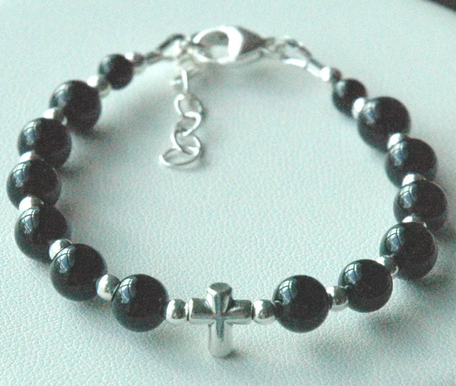 Sterling Catholic Baby Boy Cross Baptism Communion Black Onyx Bracelet