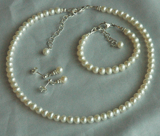 Baby Little Girl Freshwater Pearl Necklace Bracelet Earrings Set,Flower Girl Set