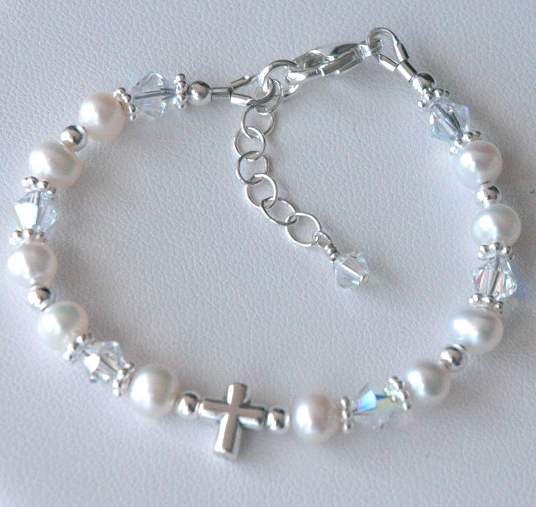 Real Pearl Christening Bracelet,Crystal and Pearls Cross Baptism Bracelet,First Communion Pearl Bracelet,Confirmation Cross Pearl Bracelet