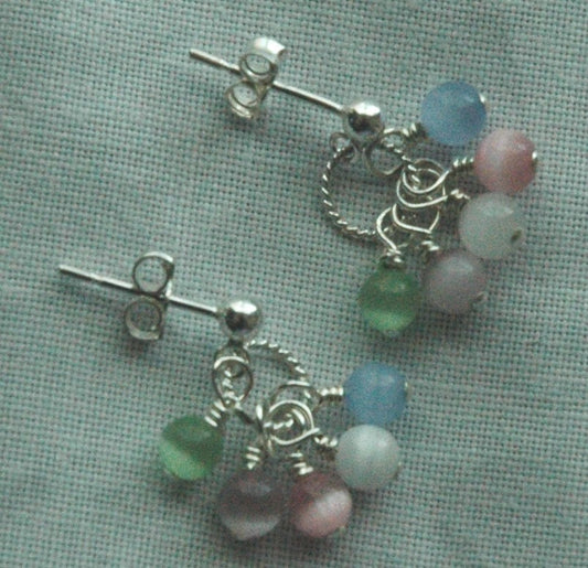 Cat Eye Multicolors Sterling Silver Earrings,Rainbow Post Earrings,Small Multicolor Post Earrings,Earrings for Little Girls Toddlers Teens