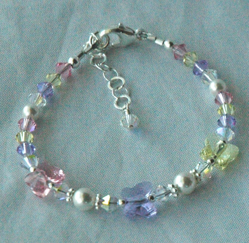 Crystal Butterfly Bracelet,Flower Girl Bracelet,Yellow Violet Pink Bracelet,Pastel Bracelet,Pink Bracelet,Butterflies Bracelet,Easter Basket