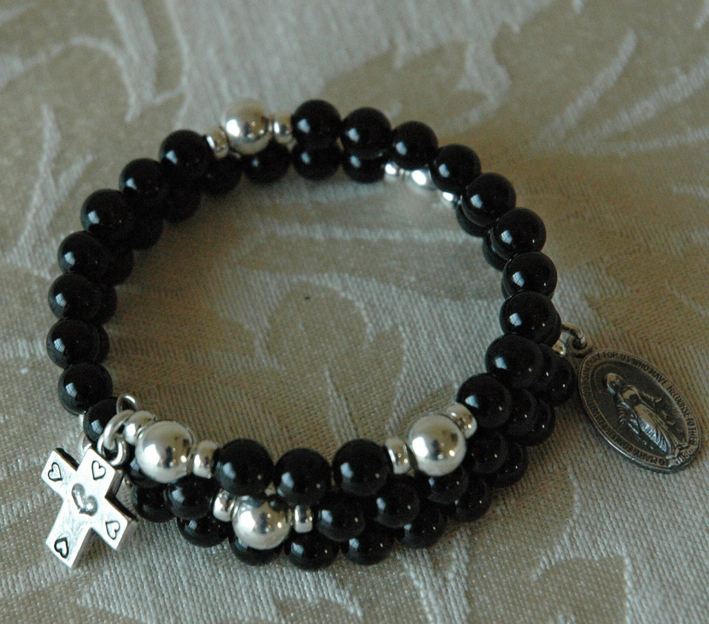 Sterling Silver Black Onyx Rosary Bracelet,Five Decade Wrap Around Rosary Bracelet,First Communion Confirmation Bracelet,Full RosaryBracelet