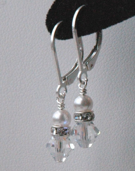Silver Crystal Pearl Bicone Children Earrings,Tiny Small Crystal Earrings,Flower Girl Pearl Earrings,Small Pearl Crystal Dangle Earrings