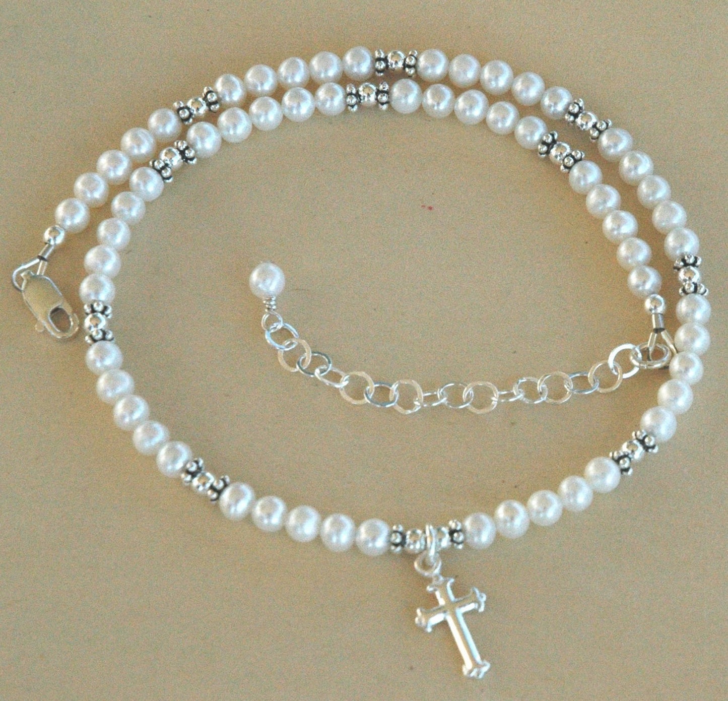 Sterling Pearl Cross Necklace and Bracelet Set For Baptism  Communion