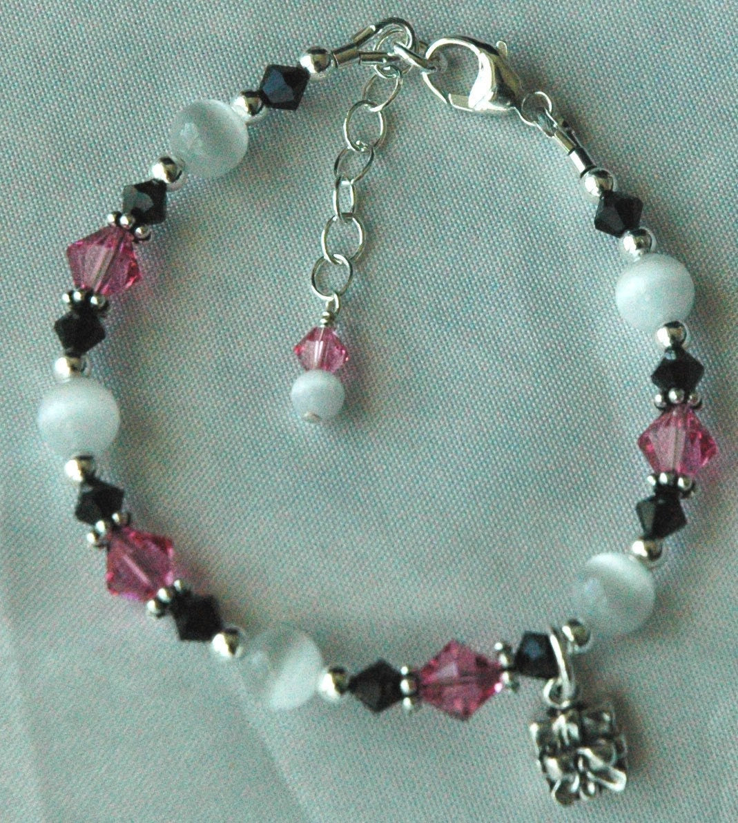 Sterling Silver Pink White and Black Child Bracelet,Flower Girl Bracelet,Damask Bracelet,Pink Bracelet,Black and White Bracelet,Ballet Charm