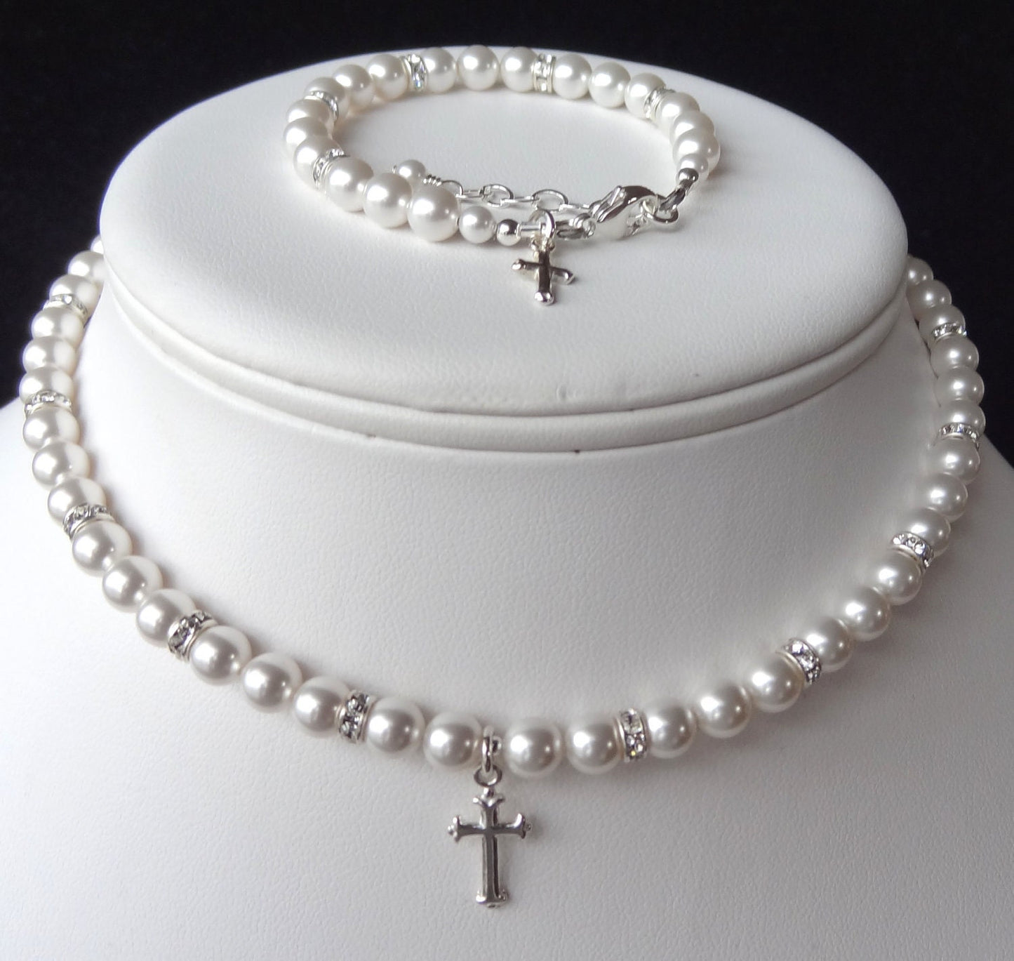 Elegant Children PRESTIGE Crystal Pearl and Rondelle Cross Necklace/Bracelet-SET,First Communion Pearl Jewelry-SET,Confirmation Necklace