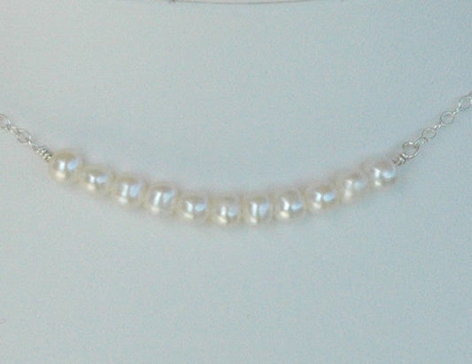 Silver Real Pearl Necklace,Junior Bridesmaid Pearl Necklace,In a Row Freshwater Pearl Silver Necklace,Bridesmaid Freshwater Gift Necklace