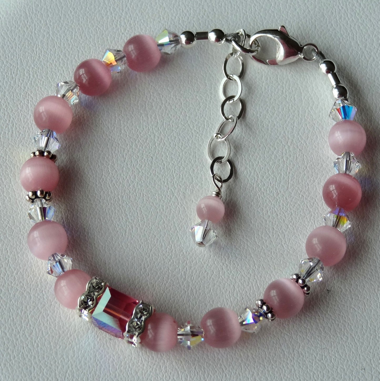 Pink Rose Bracelet, Cat Eye and PRESTIGE Crystal Cube Sterling Silver Children Bracelet,Flower Girl Bracelet,Pink Bracelet For Little Girls