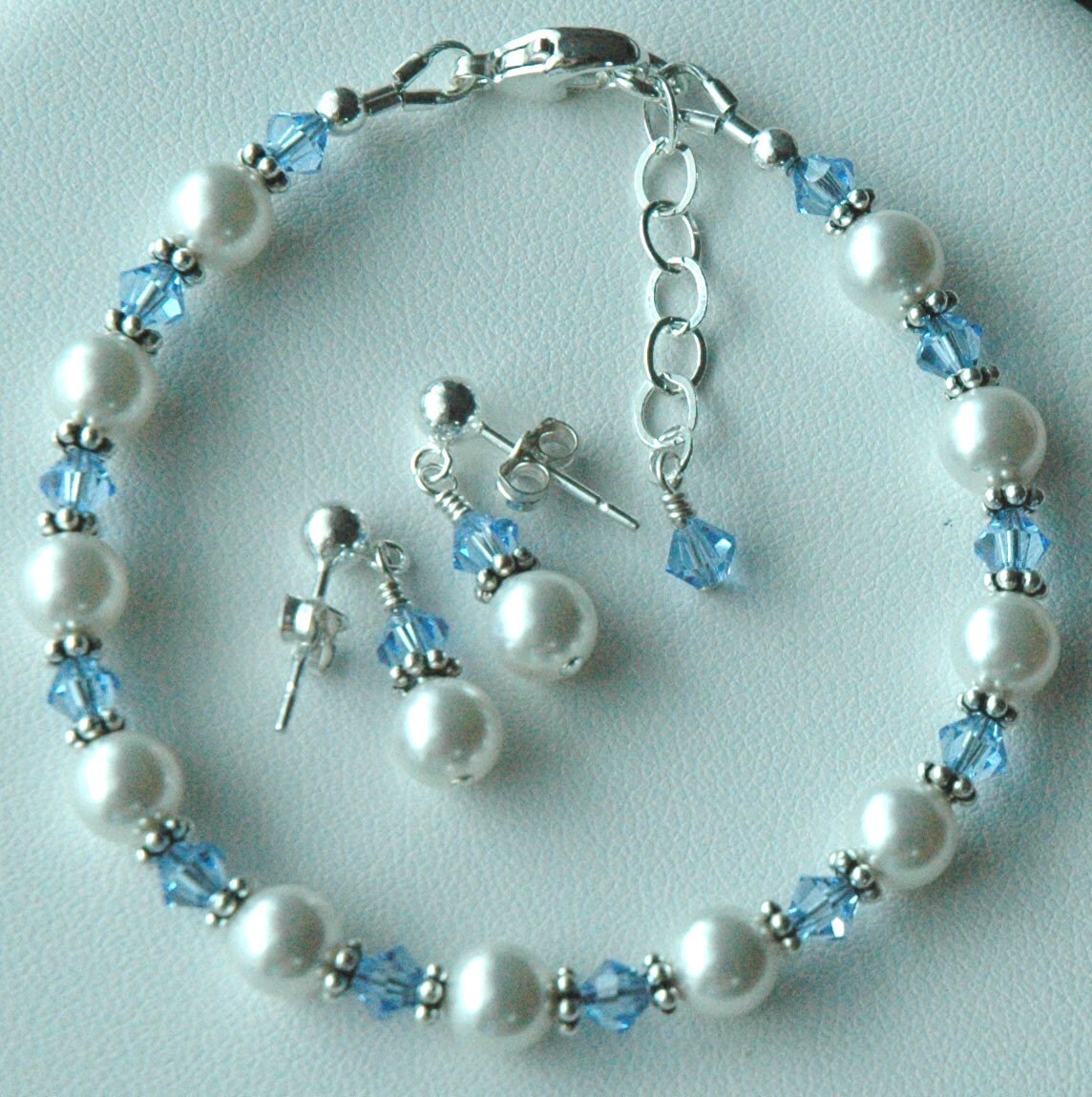 Pearl Flower Girl Jewelry Set,Birthstone Bracelet,Birthstone Earrings,Flower Girl Bracelet,Pearl and Crystal Bracelet Set,Flower Girl Gift