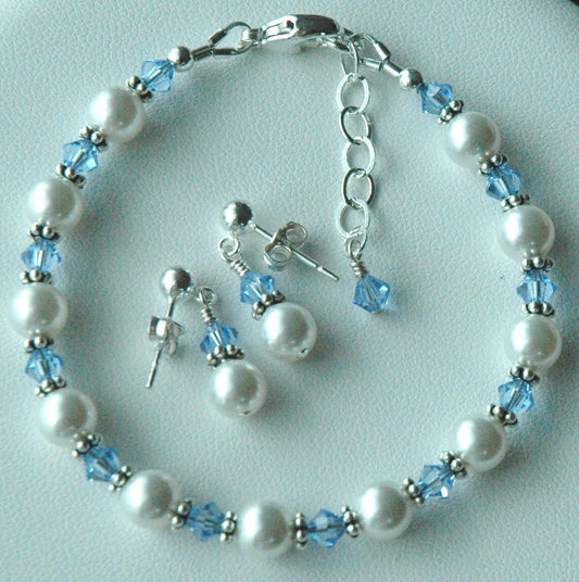 Pearl Flower Girl Jewelry Set,Birthstone Bracelet,Birthstone Earrings,Flower Girl Bracelet,Pearl and Crystal Bracelet Set,Flower Girl Gift