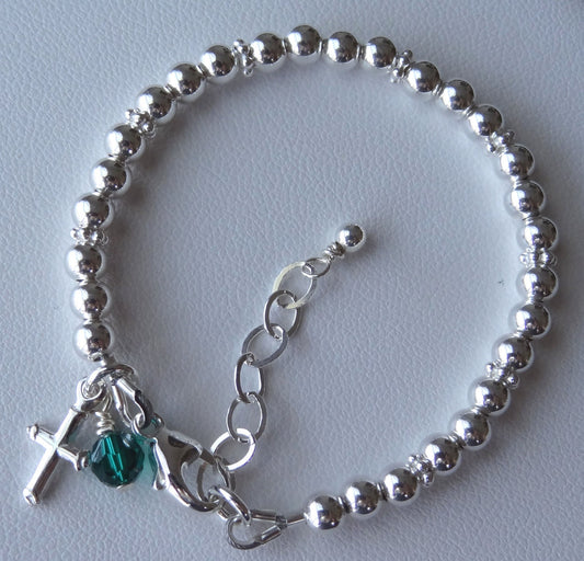 4mm Sterling Silver Cross and Birthstone Beaded Stackable Bracelet,Confirmation Bracelet,First communion Bracelet,Baptism Bracelet,Baby Gift