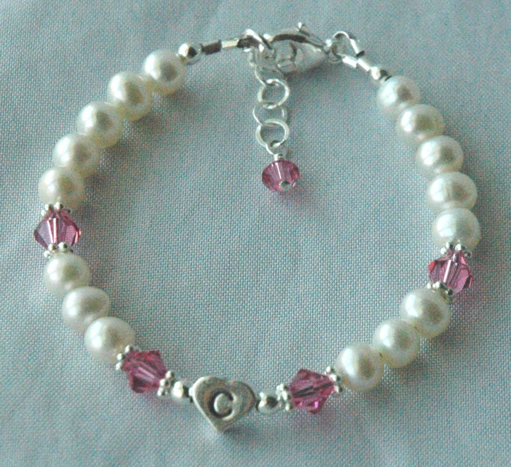 Pink Pearl Personalized Bracelet,Personalized Heart initial Crystal Pearl Bracelet,Rose Pearl Initial Bracelet,Flower Girl Pearl Bracelet