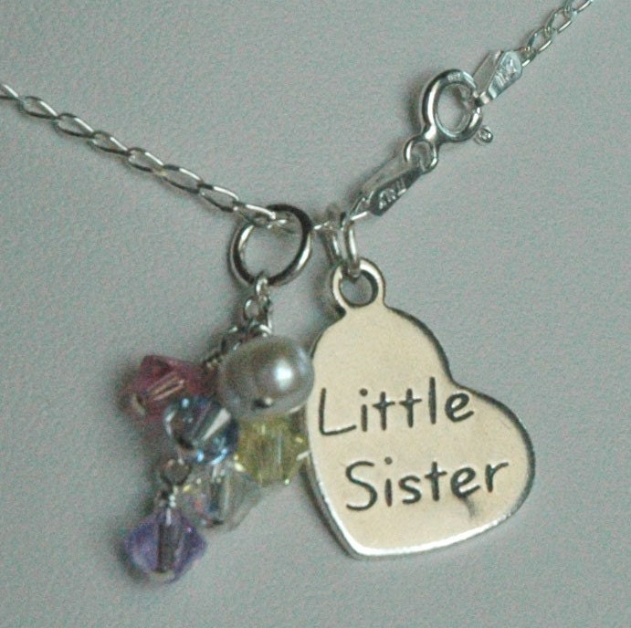 Sterling Silver Little Sister/Big Sister Heart Charm Necklace,Freshwater Pearl Necklace,Multicolor Dangle Pendant,Lil Sis - Big Sis Necklace