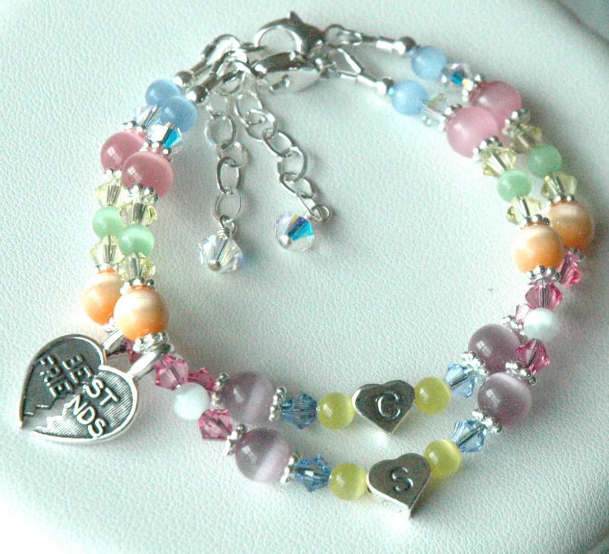 Best Friend BFF Bracelet,Sterling Silver Heart Initial Multicolor Cat Eye and Crystal Children Bracelet,Easter Bracelet,Set two BFF bracelet