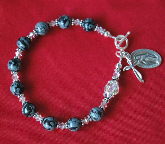 Black Grey Rosary Bracelet, Chaplet Rosary Bracelet
