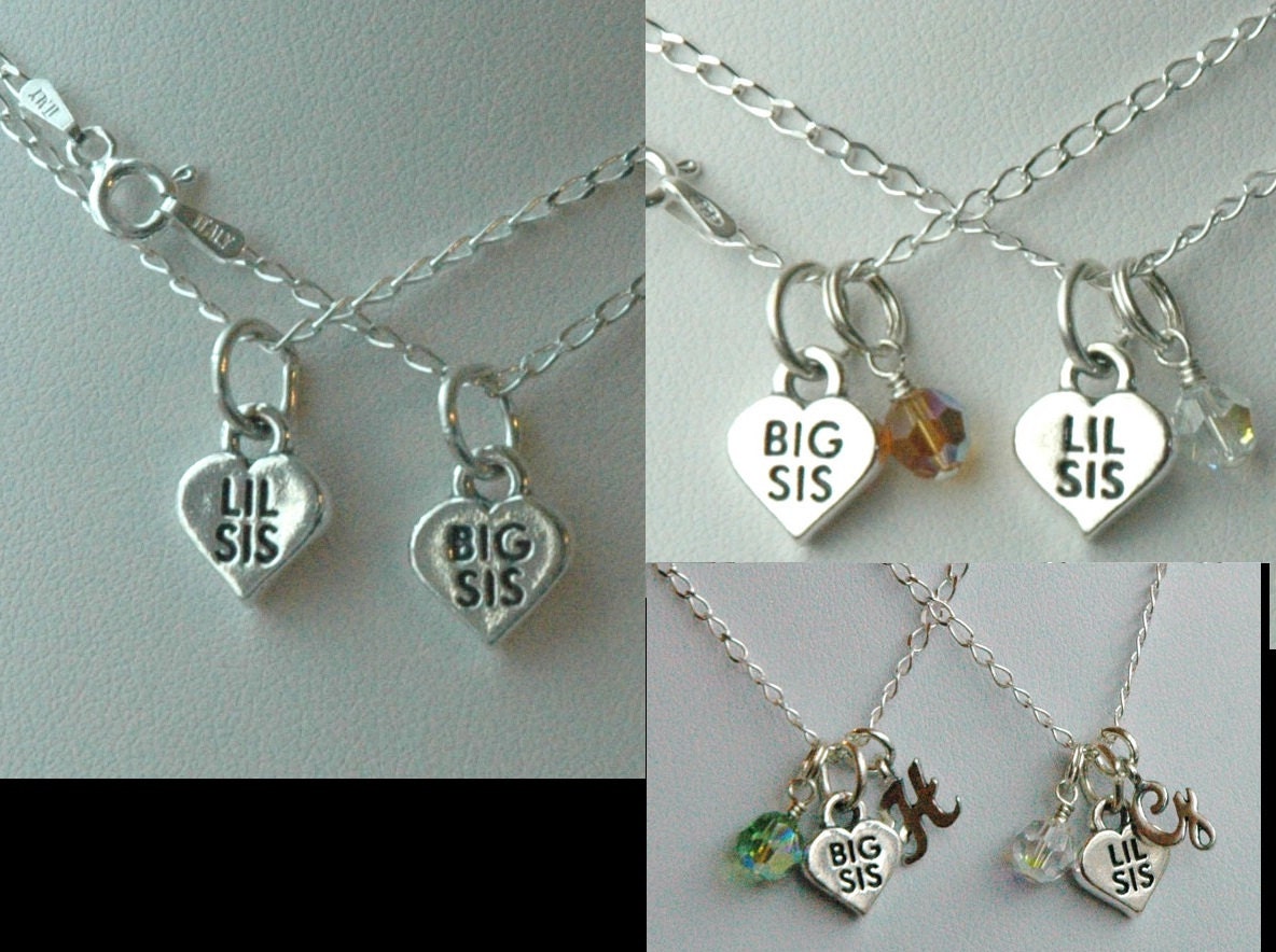 Sterling Silver Big Sister Lil Sister Birthstone Initial Necklace, Monogrammed Necklace, Birthstone, Big Sister Little Sister Necklace