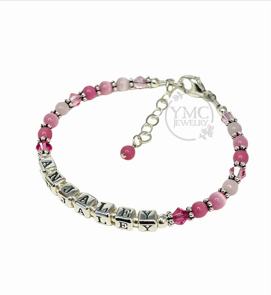 Personalized Pink Cat Eye Name Children Bracelet,Baptism Name Bracelet,First Communion Bracelet,Birthday Bracelet,Flower Girl Name Bracelet