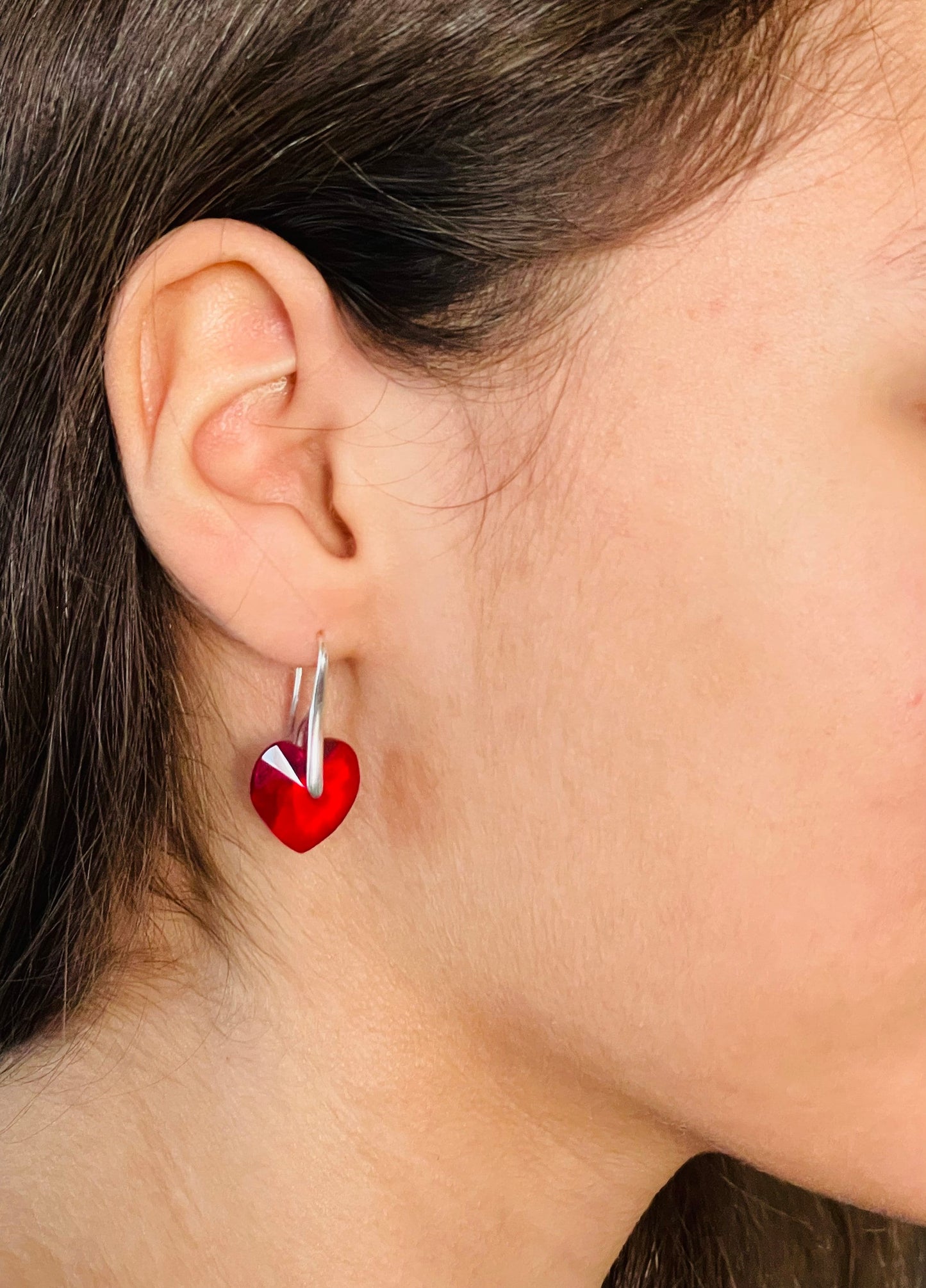 Silver Crystal Red Heart Earrings,Valentine's Day Gift,Heart Earrings,Red Heart Earrings,Siam Red Heart,15th Anniversary Gift For Wife