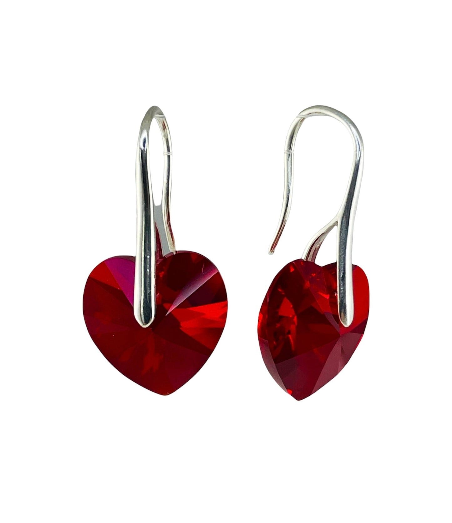 Silver Crystal Red Heart Earrings,Valentine's Day Gift,Heart Earrings,Red Heart Earrings,Siam Red Heart,15th Anniversary Gift For Wife