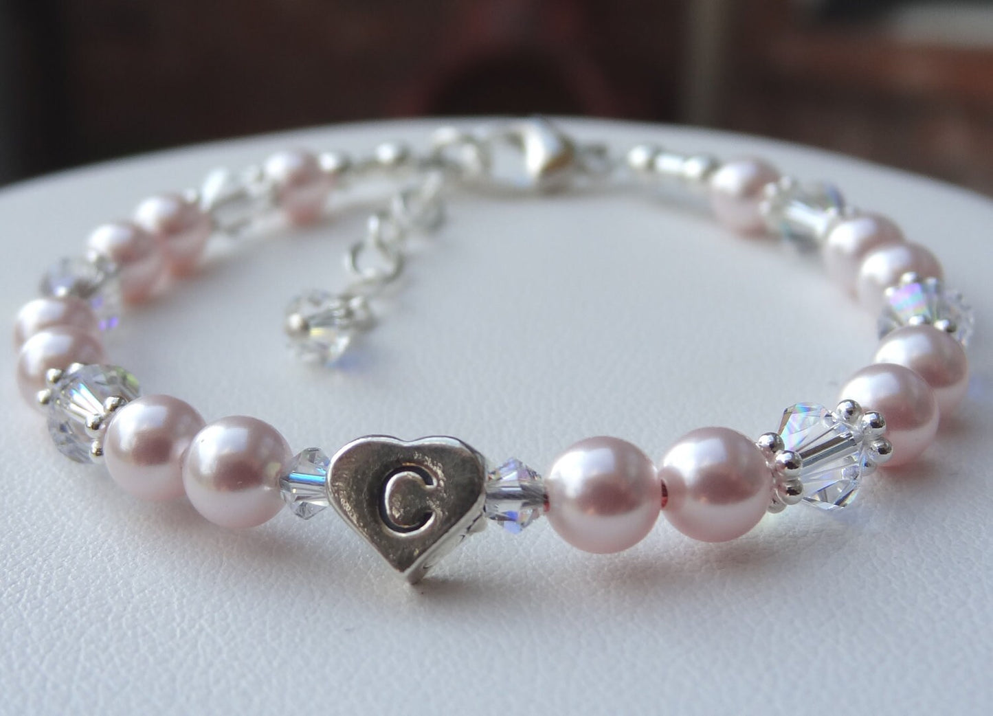 Pink Pearl Personalized Bracelet,Personalized Heart initial Crystal Pearl Bracelet,Rose Pearl Initial Bracelet,Flower Girl Pearl Bracelet