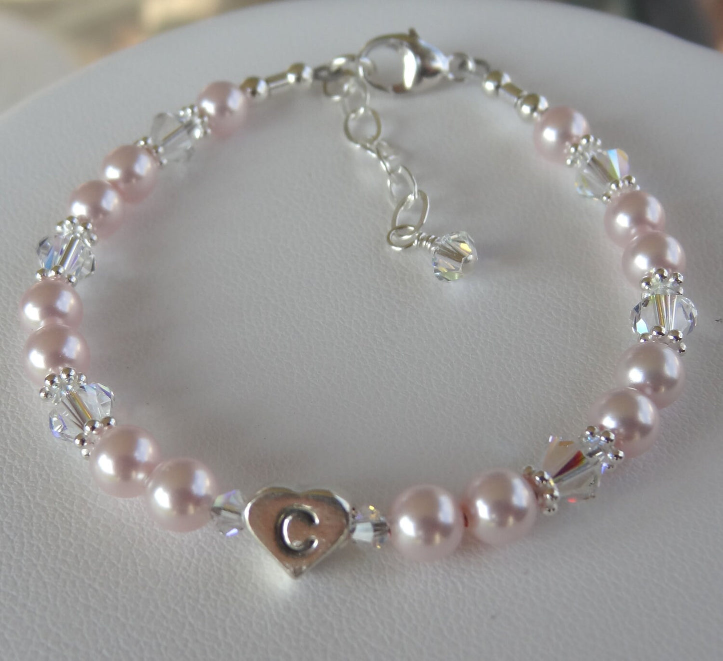 Pink Pearl Personalized Bracelet,Personalized Heart initial Crystal Pearl Bracelet,Rose Pearl Initial Bracelet,Flower Girl Pearl Bracelet
