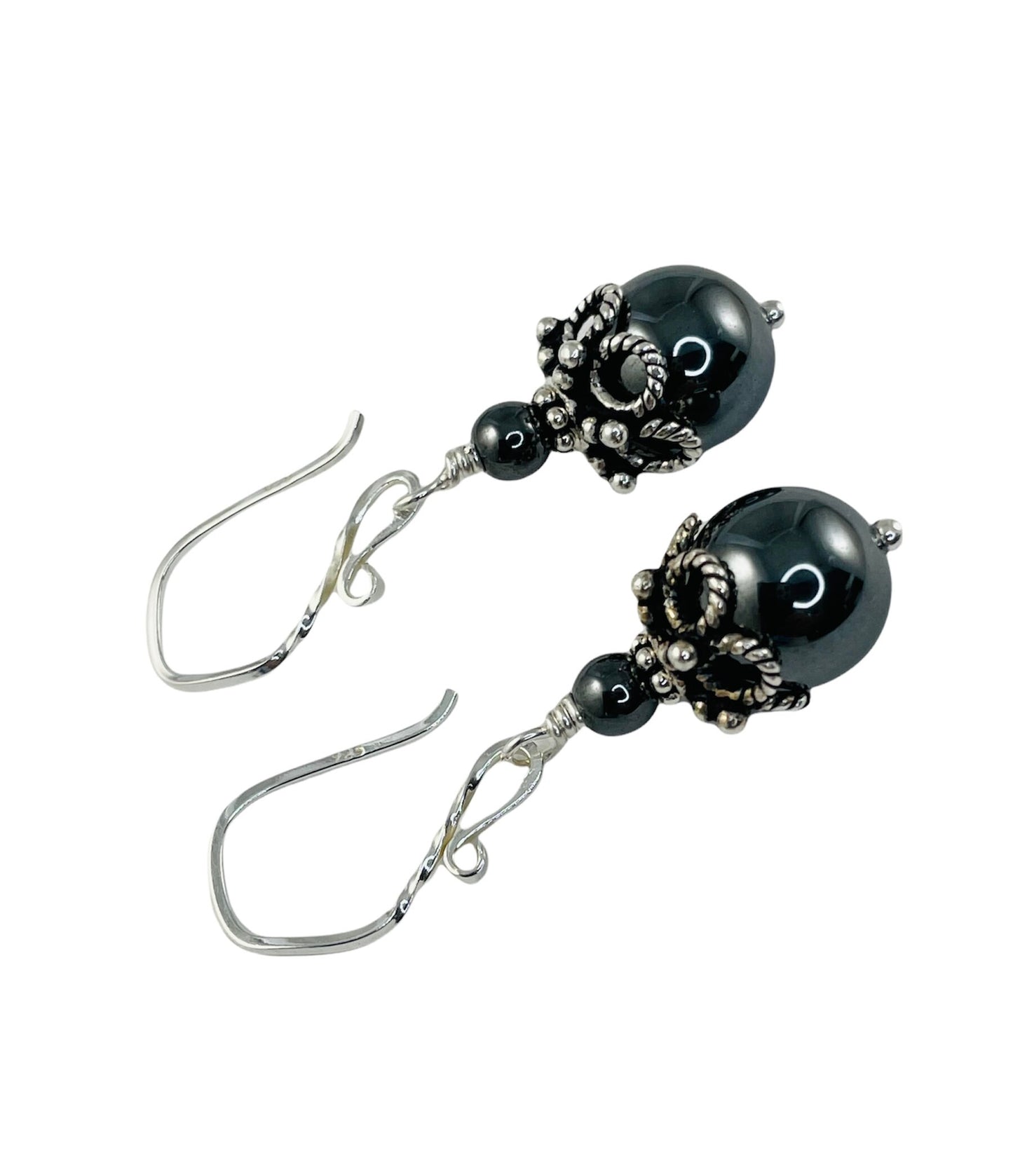 Hematite and Sterling Silver Earrings,Grey Earrings,Dark Grey Earrings Dangle,Healing Stone for Anxiety Relief Earrings,Silver Ball Earrings