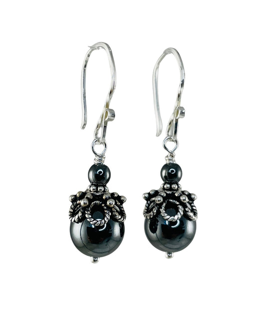 Hematite and Sterling Silver Earrings,Grey Earrings,Dark Grey Earrings Dangle,Healing Stone for Anxiety Relief Earrings,Silver Ball Earrings