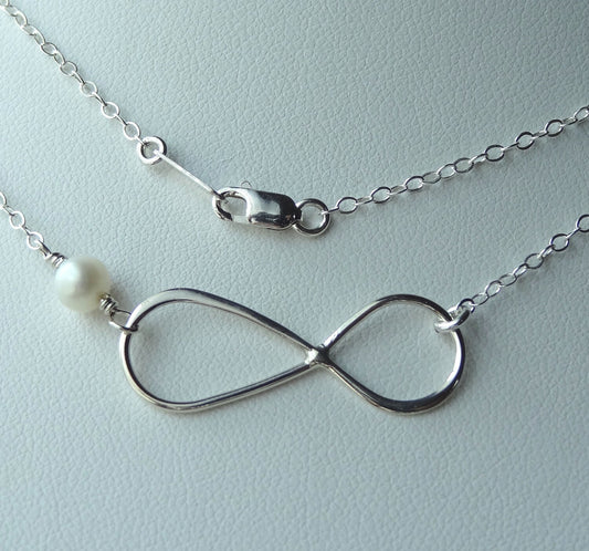 Sterling Silver Large Infinity Necklace,Freshwater Pearl Necklace,Bridesmaids,Friendship,Mother Necklace,Figure 8 Eigh,Gift for Girlfriend