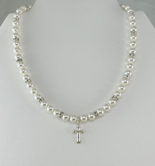 First Communion Pearl Cross Necklace,Confirmation Necklace,Flower Girl Pearl Necklace, Baptism Necklace,Baby Pearl Necklace