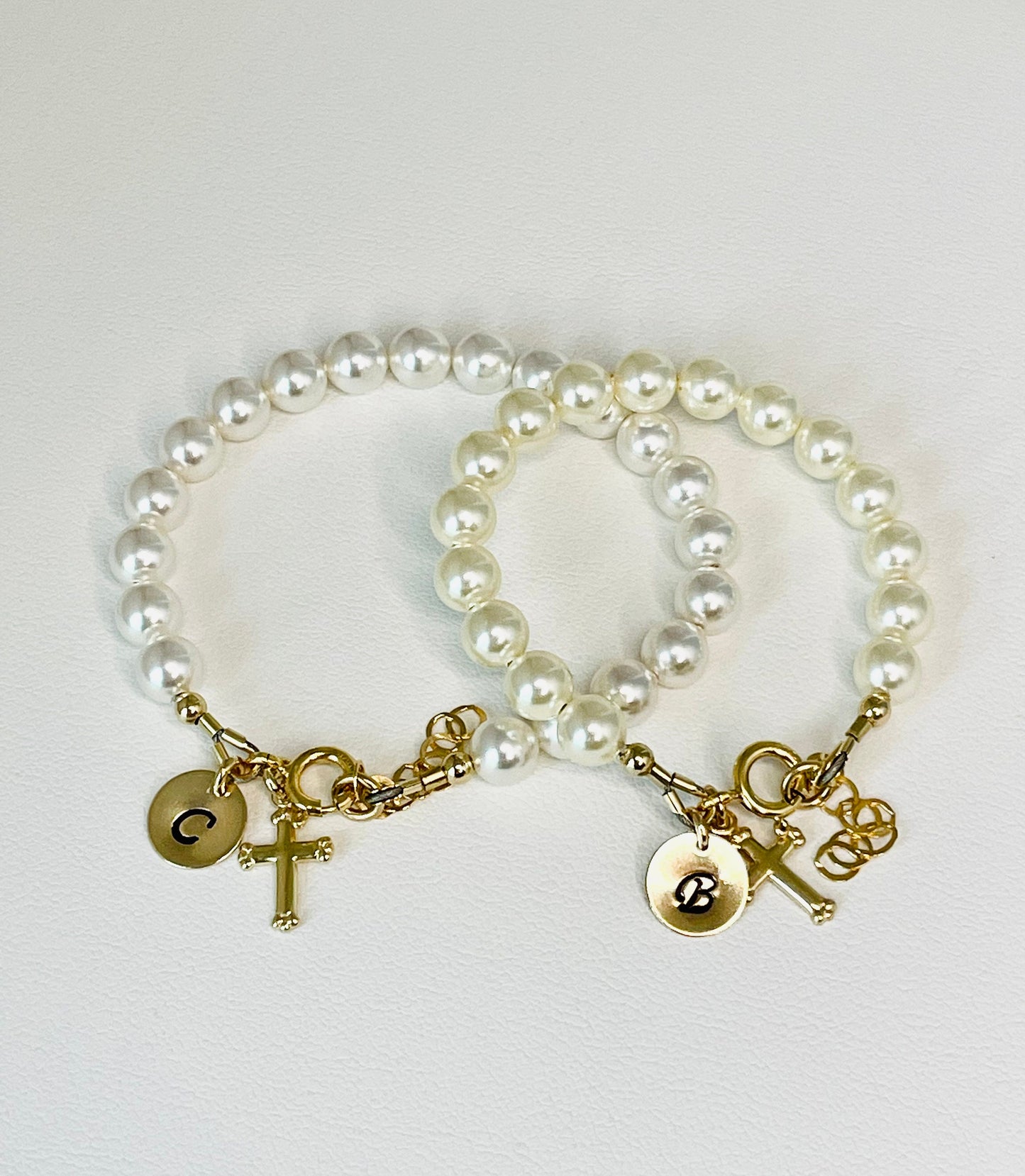 Gold Initial Cross Pearl Baptism Bracelet, Flower Girl Bracelet, Pearl Baptism Bracelet, First Communion-Confirmation,Baby Pearl Bracelet