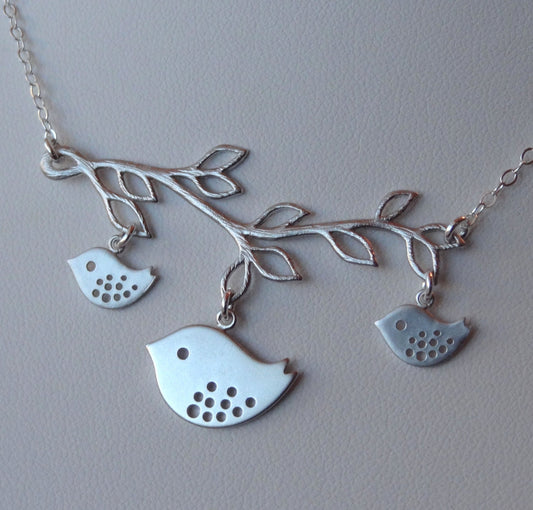 Mommy and Babies Bird Branch Necklace,Bird Necklace,Family Necklace,Mother's Day Gift Jewelry,Birthday Necklace for Mother,Baby shower gift