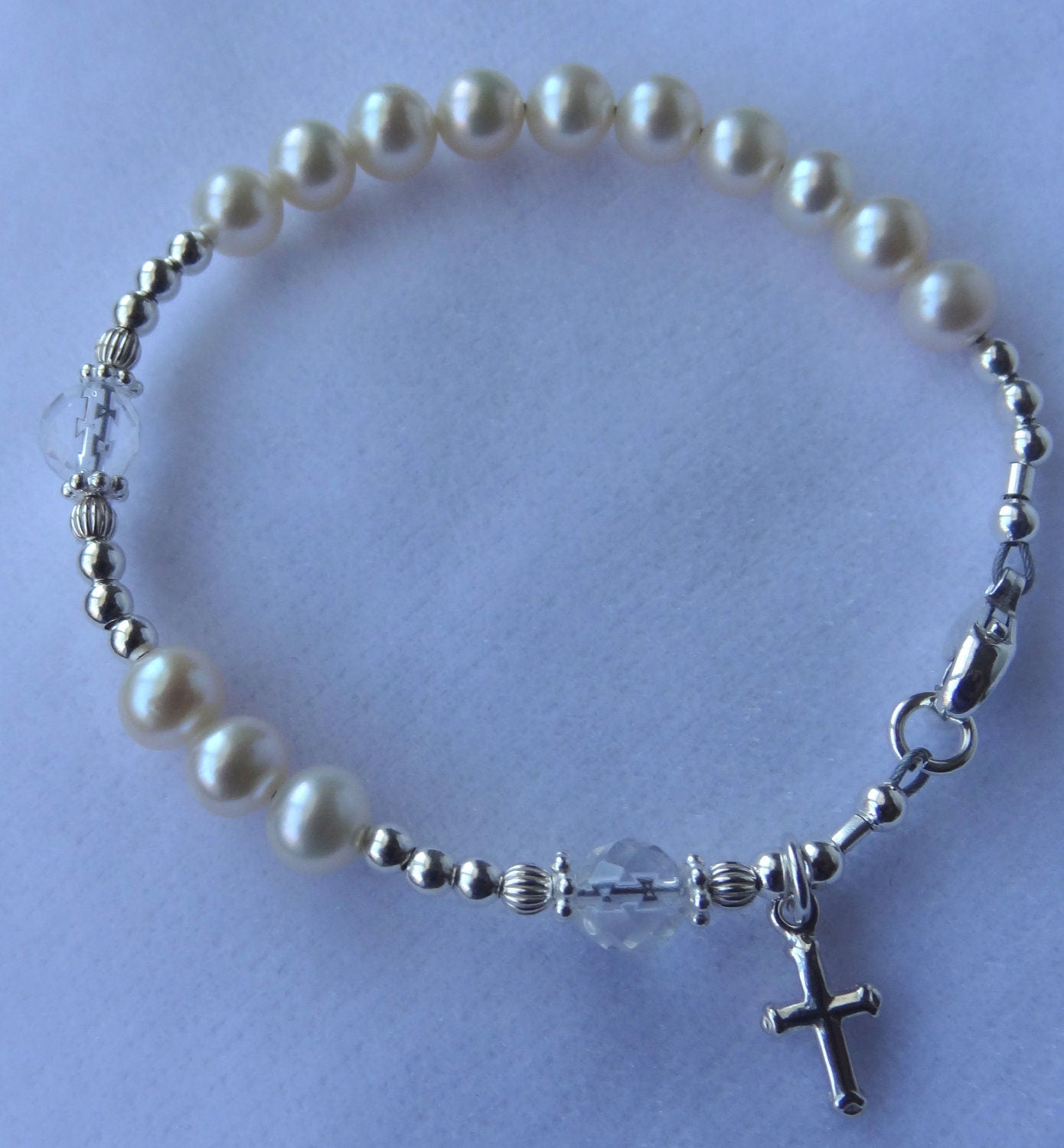 Personalized Baby Baptism  Initial Pearl Rosary Bracelet