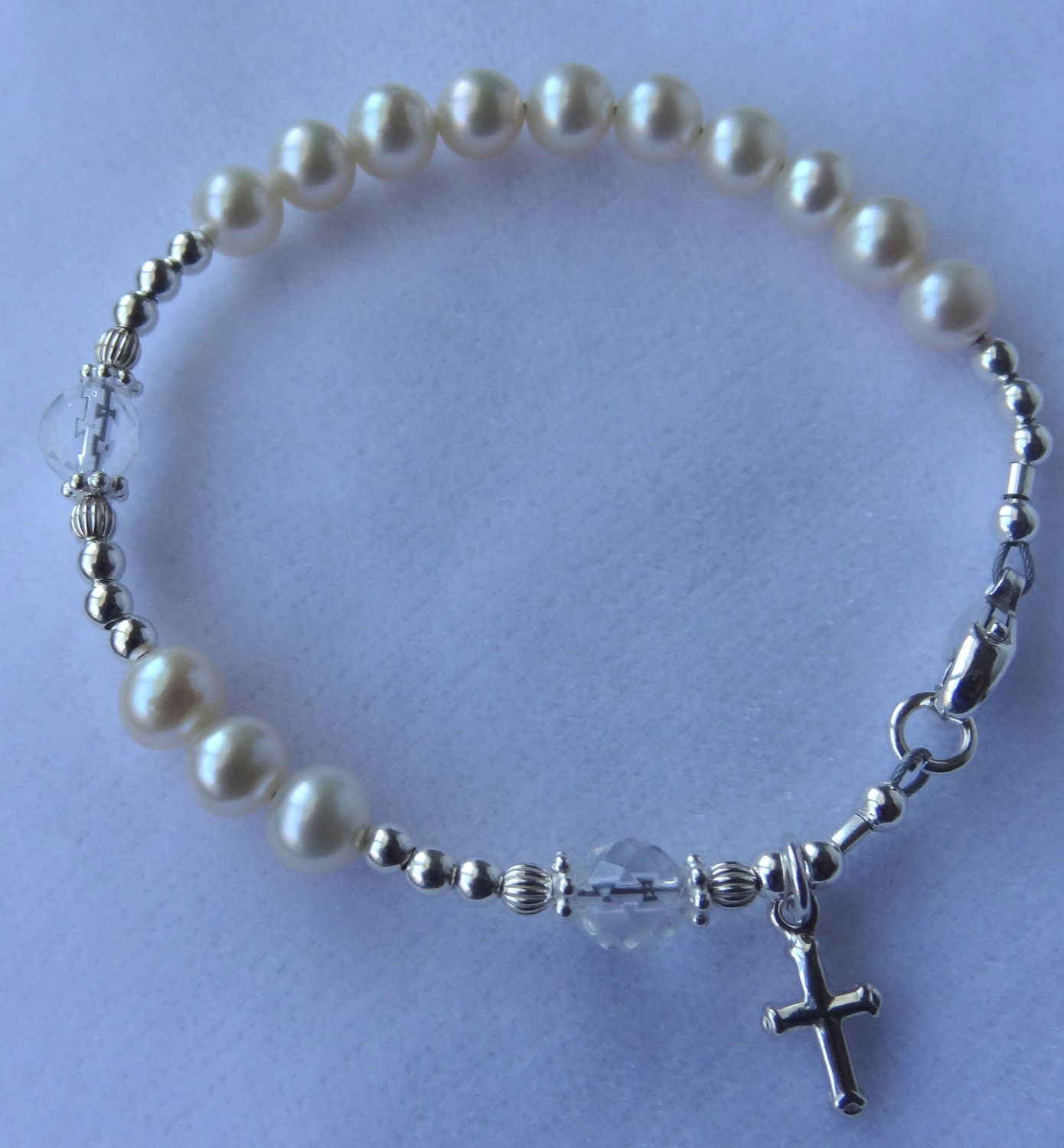 Real Pearl Baptism Initial Rosary Bracelet, First Communion Bracelet,Confirmation Bracelet,Real Pearl Baptism Bracelet,Baby Baptism Bracelet
