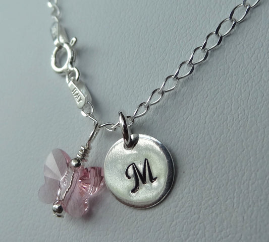 Monogram Sterling Silver Baby Children Initial  Pink Butterfly Pendant Necklace Flower Girl Initial Necklace,Butterfly Necklace,Easter Gift