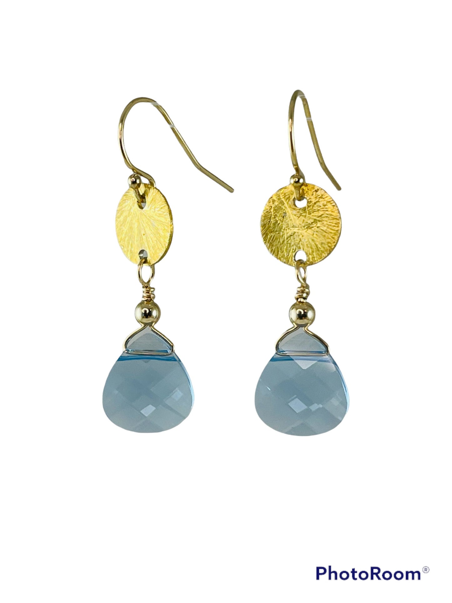 Gold Aquamarine Disc Birthstone Earrings,Gold Drop Earrings,Small Gold Connected Circle Earrings,Disk Drop Dangle,Birthstone March Earrings