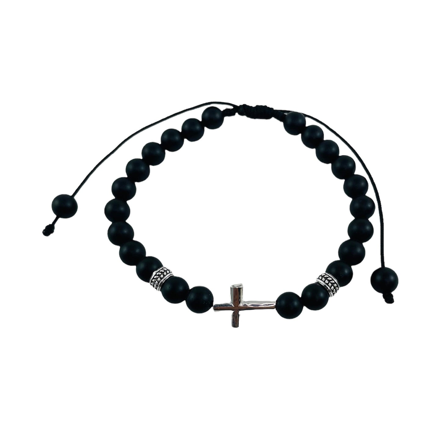 Silver Cross Men Boy Beaded Bracelet,Black Cross Bracelet,First Communion Confirmation Godfather Religious Bracelet,RCIA Men Bracelet