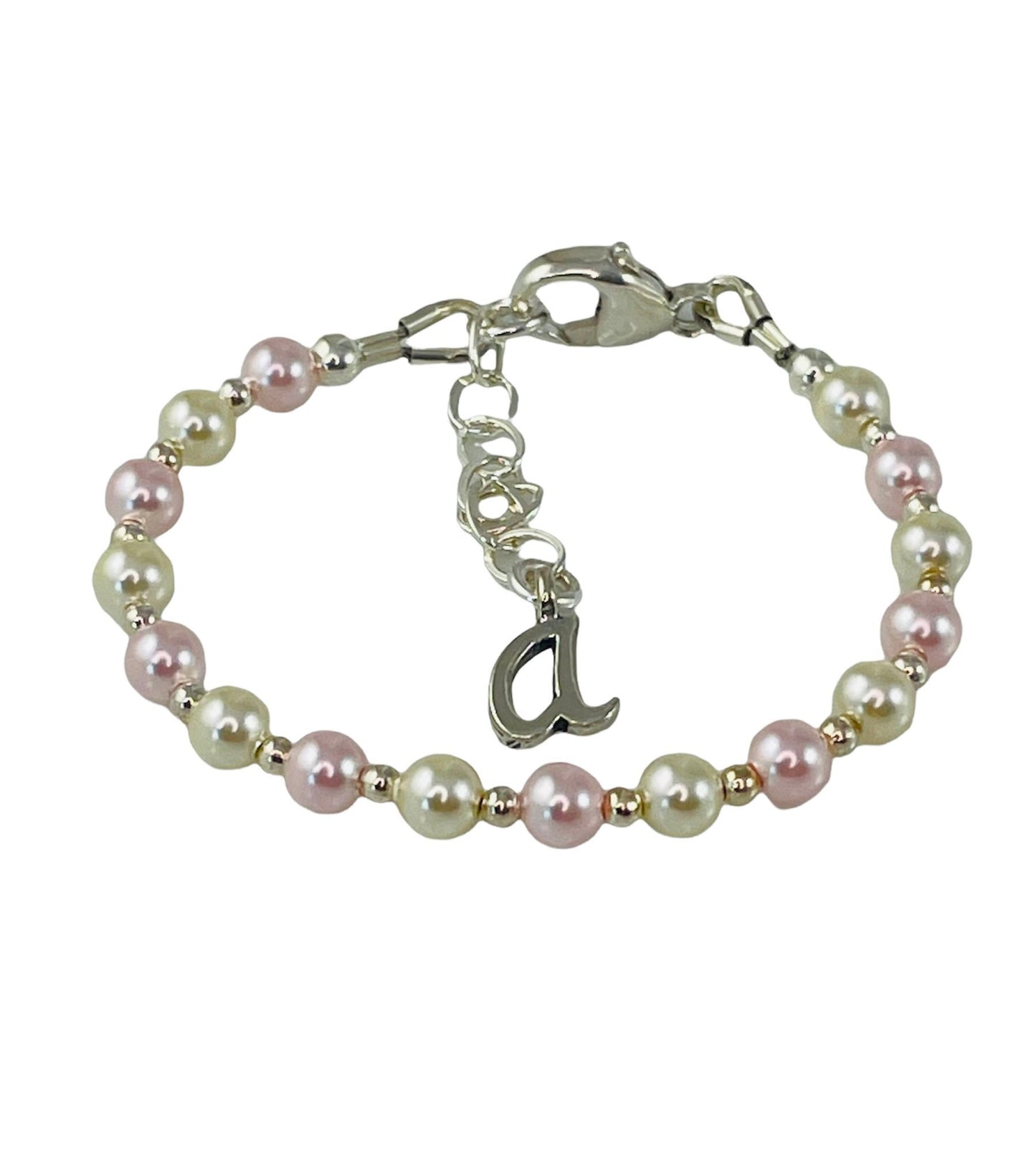 Pink Pearl Initial Children Bracelet,Flower Girl Pearl Bracelet,Baptism Bracelet,Personalized Pink Pearl Bracelet,First Communion Bracelet