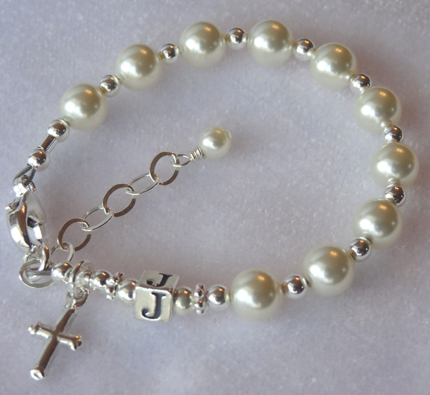 Silver Baby Baptism Personalized Initial Rosary Bracelet, Initial Birthstone Rosary Bracelet