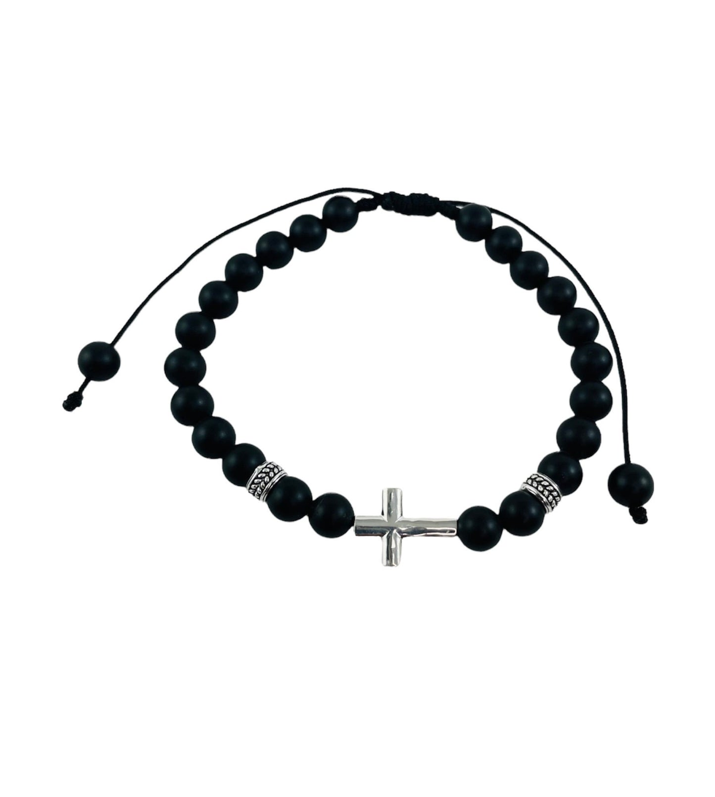 Silver Cross Men Boy Beaded Bracelet,Black Cross Bracelet,First Communion Confirmation Godfather Religious Bracelet,RCIA Men Bracelet