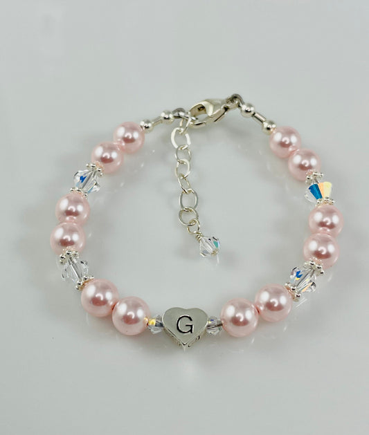 Pink Pearl Personalized Bracelet,Personalized Heart initial Crystal Pearl Bracelet,Rose Pearl Initial Bracelet,Flower Girl Pearl Bracelet