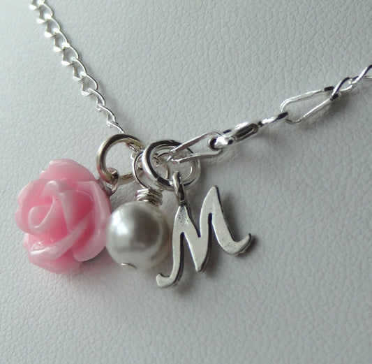 Shabby Chic Rose Necklace, Flower Initial Children Girl Necklaces