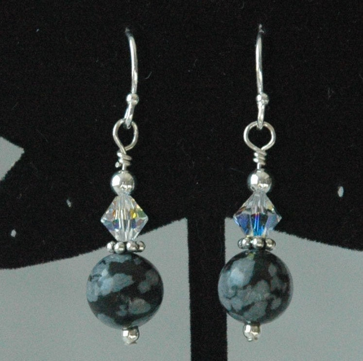 Silver Snowflakes Obsidian PRESTIGE Crystal Earrings,Semi Precious Stone Earrings,Black-White Earrings,Pearl Dangle Earrings,Crystal Dangle